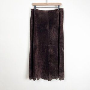 Lafayette 148 Suede Leather A-Line Laser Cut Lace Floral Western Midi Maxi Skirt